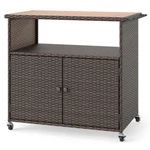 Outdoor Storage Cabinet With Acacia Wood Top And Lockable Wheels. Fixed Price $225.48.