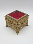 Vtg Jewelry Casket Trinket Box Ornate Scroll Square Metal & Beveled Glass Red. Fixed Price $20.00.